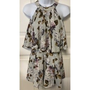 Fringe Gray Floral Romper with Sleeveless Ruffled Top And Pleated Bottom Sz M